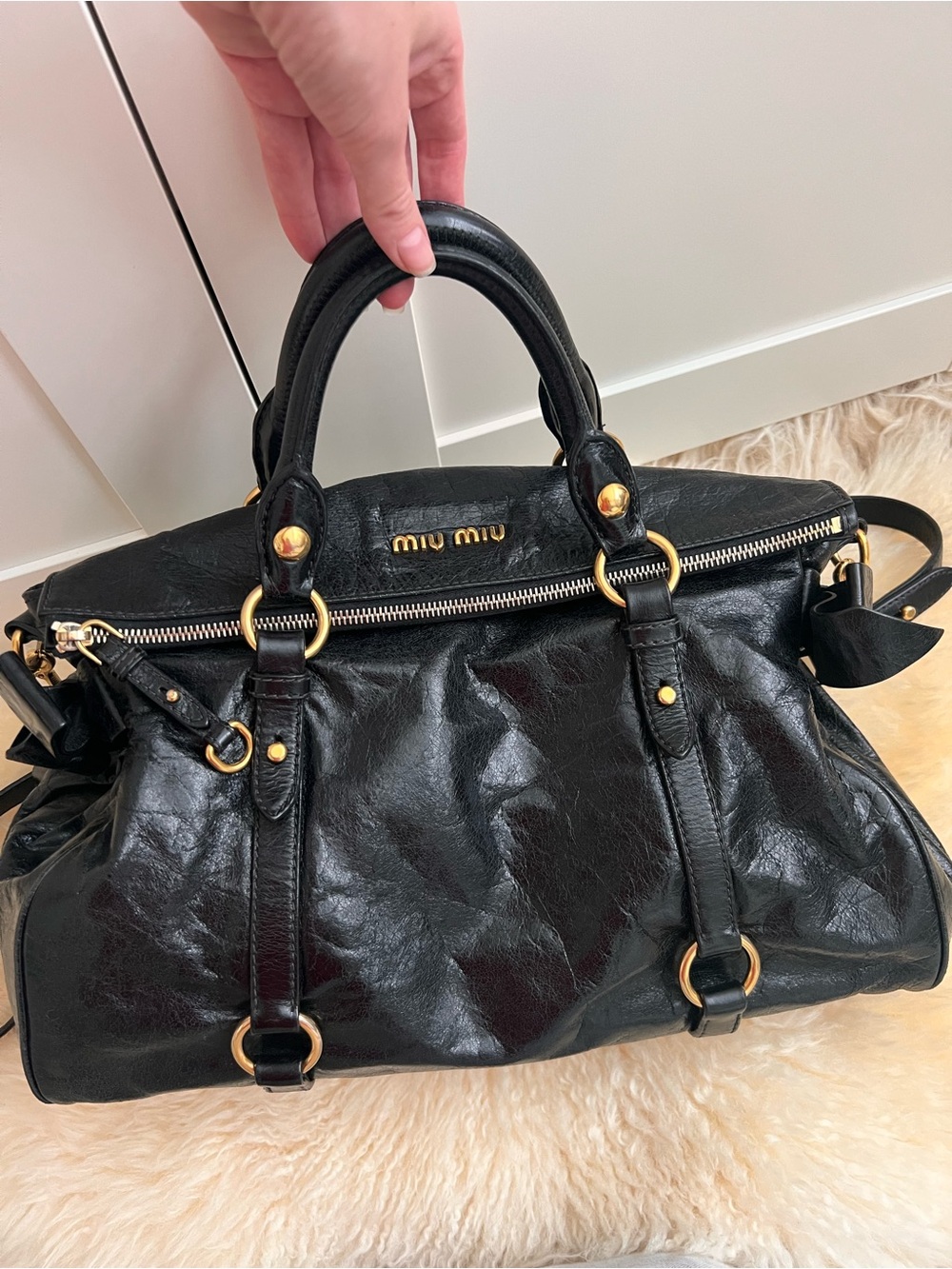 Miu Miu Vitello Lux Black Leather Side Ribbon Bow 2Way Shoulder Bag Archive Y2K - Picture 3 of 16